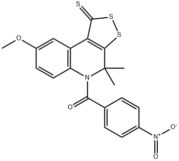 5-{4-nitrobenzoyl}-8-methoxy-4,4-dimethyl-4,5-dihydro-1H-[1,2]dithiolo[3,4-c]quinoline-1-thione Struktur