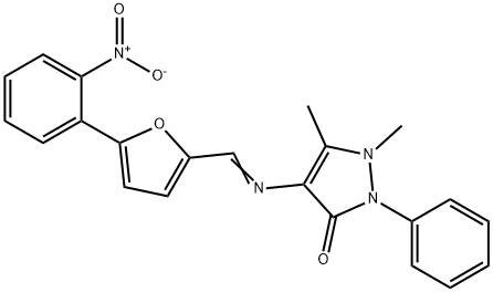 4-{[(5-{2-nitrophenyl}-2-furyl)methylene]amino}-1,5-dimethyl-2-phenyl-1,2-dihydro-3H-pyrazol-3-one Struktur