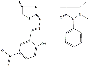 2-hydroxy-5-nitrobenzaldehyde [3-(1,5-dimethyl-3-oxo-2-phenyl-2,3-dihydro-1H-pyrazol-4-yl)-4-oxo-1,3-thiazolidin-2-ylidene]hydrazone Struktur