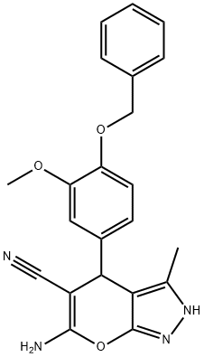 6-amino-4-[4-(benzyloxy)-3-methoxyphenyl]-3-methyl-1,4-dihydropyrano[2,3-c]pyrazole-5-carbonitrile Struktur