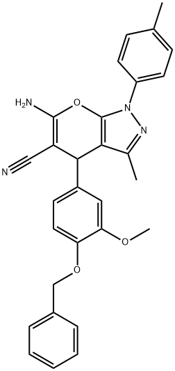 6-amino-4-[4-(benzyloxy)-3-methoxyphenyl]-3-methyl-1-(4-methylphenyl)-1,4-dihydropyrano[2,3-c]pyrazole-5-carbonitrile Struktur