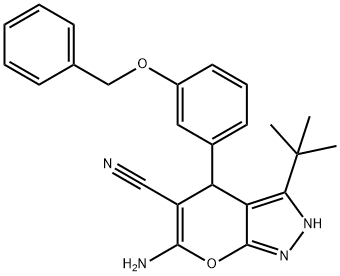 6-amino-4-[3-(benzyloxy)phenyl]-3-tert-butyl-1,4-dihydropyrano[2,3-c]pyrazole-5-carbonitrile Struktur