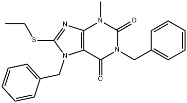 8-(ethylsulfanyl)-3-methyl-1,7-bis(phenylmethyl)-3,7-dihydro-1H-purine-2,6-dione Struktur