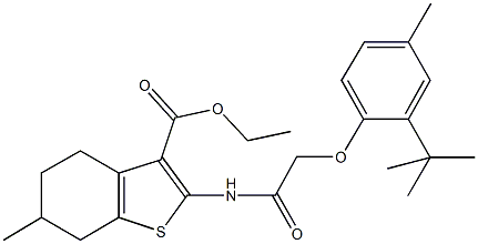 ethyl 2-{[(2-tert-butyl-4-methylphenoxy)acetyl]amino}-6-methyl-4,5,6,7-tetrahydro-1-benzothiophene-3-carboxylate Struktur