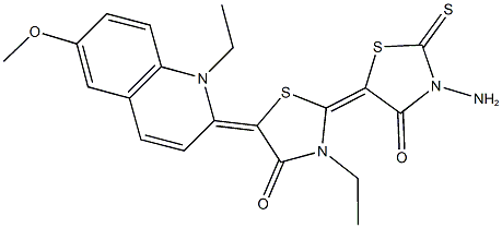 3'-amino-3-ethyl-5-(1-ethyl-6-methoxy-2(1H)-quinolinylidene)-2'-thioxo-2,5'-bis[1,3-thiazolidin-2-ylidene]-4,4'-dione Struktur