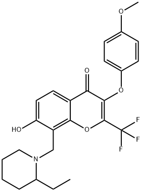 8-[(2-ethylpiperidin-1-yl)methyl]-7-hydroxy-3-(4-methoxyphenoxy)-2-(trifluoromethyl)-4H-chromen-4-one Struktur