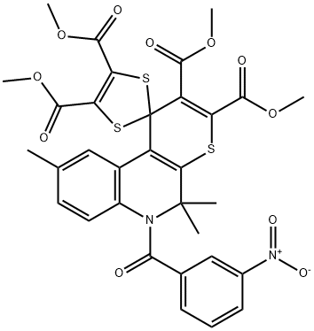 tetramethyl 5',5',9'-trimethyl-6'-(3-nitrobenzoyl)-5',6'-dihydrospiro[1,3-dithiole-2,1'-(1'H)-thiopyrano[2,3-c]quinoline]-2',3',4,5-tetracarboxylate Struktur