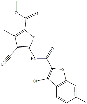 methyl 5-{[(3-chloro-6-methyl-1-benzothien-2-yl)carbonyl]amino}-4-cyano-3-methyl-2-thiophenecarboxylate Struktur