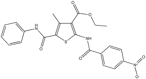 ethyl 5-(anilinocarbonyl)-2-({4-nitrobenzoyl}amino)-4-methyl-3-thiophenecarboxylate Struktur