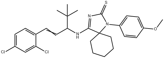 4-{[1-tert-butyl-3-(2,4-dichlorophenyl)-2-propenyl]amino}-1-(4-methoxyphenyl)-1,3-diazaspiro[4.5]dec-3-ene-2-thione Struktur