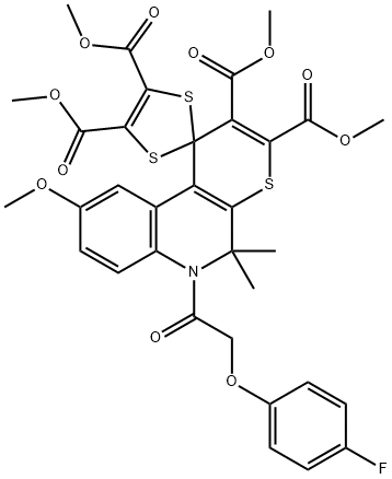 tetramethyl 6'-[(4-fluorophenoxy)acetyl]-5',5'-dimethyl-9'-methoxy-5',6'-dihydrospiro[1,3-dithiole-2,1'-(1'H)-thiopyrano[2,3-c]quinoline]-2',3',4,5-tetracarboxylate Struktur