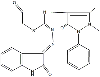 1H-indole-2,3-dione 3-{[3-(1,5-dimethyl-3-oxo-2-phenyl-2,3-dihydro-1H-pyrazol-4-yl)-4-oxo-1,3-thiazolidin-2-ylidene]hydrazone} Struktur