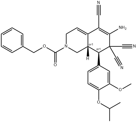 benzyl 6-amino-5,7,7-tricyano-8-(4-isopropoxy-3-methoxyphenyl)-3,7,8,8a-tetrahydro-2(1H)-isoquinolinecarboxylate Struktur