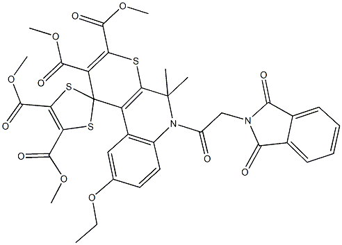 tetramethyl 6'-[(1,3-dioxo-1,3-dihydro-2H-isoindol-2-yl)acetyl]-9'-ethoxy-5',5'-dimethyl-5',6'-dihydrospiro[1,3-dithiole-2,1'-(1'H)-thiopyrano[2,3-c]quinoline]-2',3',4,5-tetracarboxylate Struktur