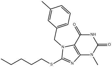 3-methyl-7-(3-methylbenzyl)-8-(pentylsulfanyl)-3,7-dihydro-1H-purine-2,6-dione Struktur