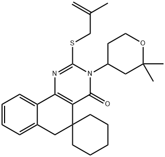 3-(2,2-dimethyltetrahydro-2H-pyran-4-yl)-2-[(2-methyl-2-propenyl)sulfanyl]-5,6-dihydrospiro(benzo[h]quinazoline-5,1'-cyclohexane)-4(3H)-one Struktur