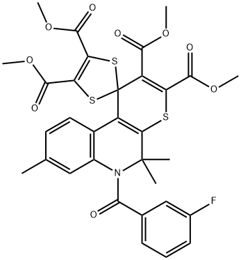 tetramethyl 6'-(3-fluorobenzoyl)-5',5',8'-trimethyl-5',6'-dihydrospiro(1,3-dithiole-2,1'-[1'H]-thiopyrano[2,3-c]quinoline)-2',3',4,5-tetracarboxylate Struktur