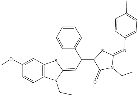 3-ethyl-5-[2-(3-ethyl-6-methoxy-1,3-benzothiazol-2(3H)-ylidene)-1-phenylethylidene]-2-[(4-methylphenyl)imino]-1,3-thiazolidin-4-one Struktur