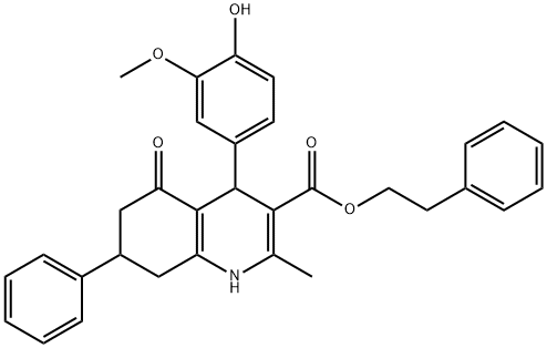 2-phenylethyl 4-(4-hydroxy-3-methoxyphenyl)-2-methyl-5-oxo-7-phenyl-1,4,5,6,7,8-hexahydro-3-quinolinecarboxylate Struktur