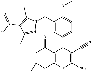 2-amino-4-[3-({4-nitro-3,5-dimethyl-1H-pyrazol-1-yl}methyl)-4-methoxyphenyl]-7,7-dimethyl-5-oxo-5,6,7,8-tetrahydro-4H-chromene-3-carbonitrile Struktur