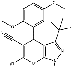 6-amino-3-tert-butyl-4-(2,5-dimethoxyphenyl)-1,4-dihydropyrano[2,3-c]pyrazole-5-carbonitrile Struktur