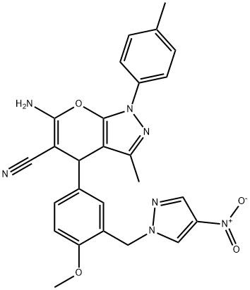 6-amino-4-[3-({4-nitro-1H-pyrazol-1-yl}methyl)-4-methoxyphenyl]-3-methyl-1-(4-methylphenyl)-1,4-dihydropyrano[2,3-c]pyrazole-5-carbonitrile Struktur