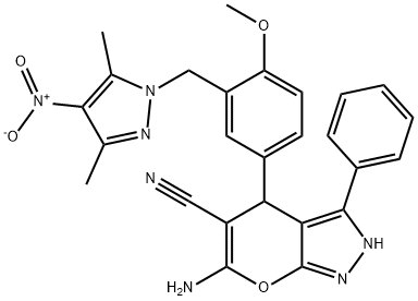 6-amino-4-[3-({4-nitro-3,5-dimethyl-1H-pyrazol-1-yl}methyl)-4-methoxyphenyl]-3-phenyl-1,4-dihydropyrano[2,3-c]pyrazole-5-carbonitrile Struktur