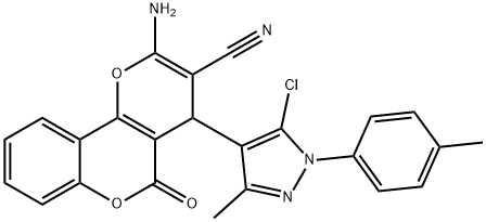 2-amino-4-[5-chloro-3-methyl-1-(4-methylphenyl)-1H-pyrazol-4-yl]-5-oxo-4H,5H-pyrano[3,2-c]chromene-3-carbonitrile Struktur