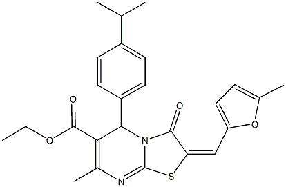 ethyl 5-(4-isopropylphenyl)-7-methyl-2-[(5-methyl-2-furyl)methylene]-3-oxo-2,3-dihydro-5H-[1,3]thiazolo[3,2-a]pyrimidine-6-carboxylate Struktur