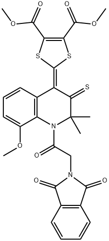 dimethyl 2-(1-[(1,3-dioxo-1,3-dihydro-2H-isoindol-2-yl)acetyl]-8-methoxy-2,2-dimethyl-3-thioxo-2,3-dihydro-4(1H)-quinolinylidene)-1,3-dithiole-4,5-dicarboxylate Struktur