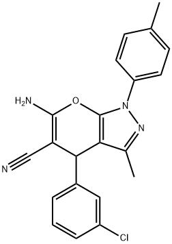 6-amino-4-(3-chlorophenyl)-3-methyl-1-(4-methylphenyl)-1,4-dihydropyrano[2,3-c]pyrazole-5-carbonitrile Struktur