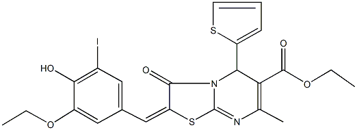 ethyl 2-(3-ethoxy-4-hydroxy-5-iodobenzylidene)-7-methyl-3-oxo-5-(2-thienyl)-2,3-dihydro-5H-[1,3]thiazolo[3,2-a]pyrimidine-6-carboxylate Struktur