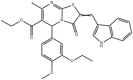 ethyl 5-(3-ethoxy-4-methoxyphenyl)-2-(1H-indol-3-ylmethylene)-7-methyl-3-oxo-2,3-dihydro-5H-[1,3]thiazolo[3,2-a]pyrimidine-6-carboxylate Struktur