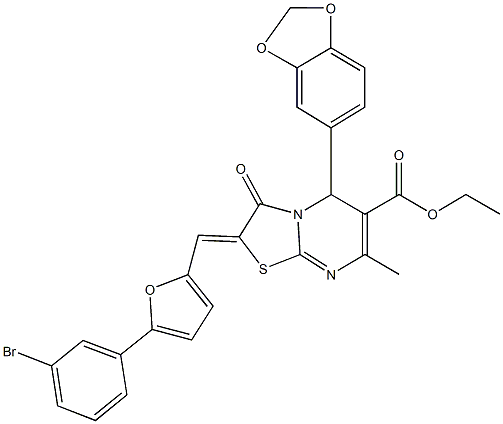 ethyl 5-(1,3-benzodioxol-5-yl)-2-{[5-(3-bromophenyl)-2-furyl]methylene}-7-methyl-3-oxo-2,3-dihydro-5H-[1,3]thiazolo[3,2-a]pyrimidine-6-carboxylate Struktur