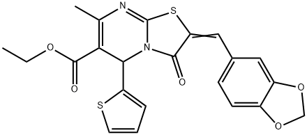 ethyl 2-(1,3-benzodioxol-5-ylmethylene)-7-methyl-3-oxo-5-(2-thienyl)-2,3-dihydro-5H-[1,3]thiazolo[3,2-a]pyrimidine-6-carboxylate Struktur