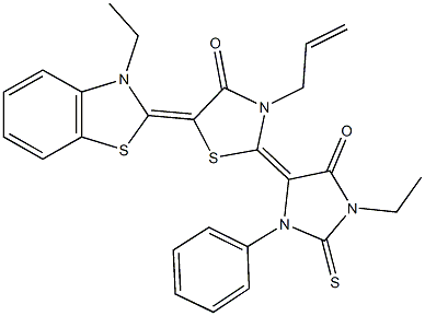 3-allyl-5-(3-ethyl-1,3-benzothiazol-2(3H)-ylidene)-2-(1-ethyl-5-oxo-3-phenyl-2-thioxo-4-imidazolidinylidene)-1,3-thiazolidin-4-one Struktur