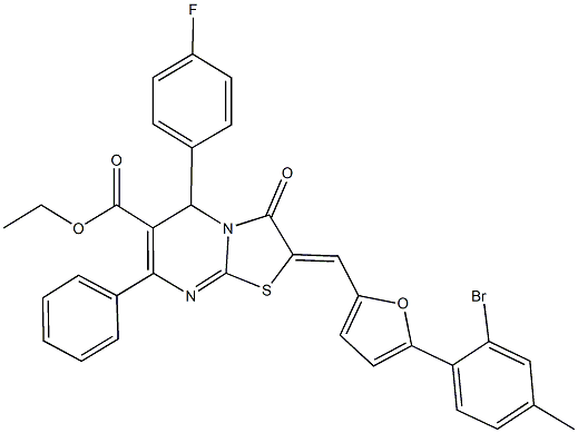 ethyl 2-{[5-(2-bromo-4-methylphenyl)-2-furyl]methylene}-5-(4-fluorophenyl)-3-oxo-7-phenyl-2,3-dihydro-5H-[1,3]thiazolo[3,2-a]pyrimidine-6-carboxylate Struktur