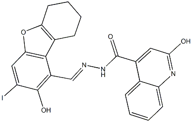 2-hydroxy-N'-[(2-hydroxy-3-iodo-6,7,8,9-tetrahydrodibenzo[b,d]furan-1-yl)methylene]-4-quinolinecarbohydrazide Struktur