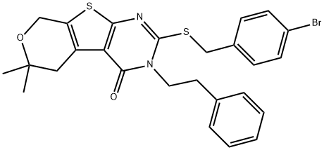 2-[(4-bromobenzyl)sulfanyl]-6,6-dimethyl-3-(2-phenylethyl)-3,5,6,8-tetrahydro-4H-pyrano[4',3':4,5]thieno[2,3-d]pyrimidin-4-one Struktur