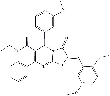 ethyl 2-(2,5-dimethoxybenzylidene)-5-(3-methoxyphenyl)-3-oxo-7-phenyl-2,3-dihydro-5H-[1,3]thiazolo[3,2-a]pyrimidine-6-carboxylate Struktur