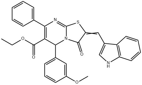 ethyl 2-(1H-indol-3-ylmethylene)-5-(3-methoxyphenyl)-3-oxo-7-phenyl-2,3-dihydro-5H-[1,3]thiazolo[3,2-a]pyrimidine-6-carboxylate Struktur