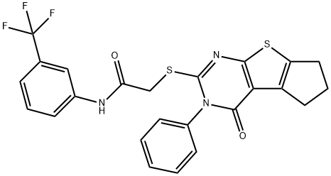 2-[(4-oxo-3-phenyl-3,5,6,7-tetrahydro-4H-cyclopenta[4,5]thieno[2,3-d]pyrimidin-2-yl)sulfanyl]-N-[3-(trifluoromethyl)phenyl]acetamide Struktur