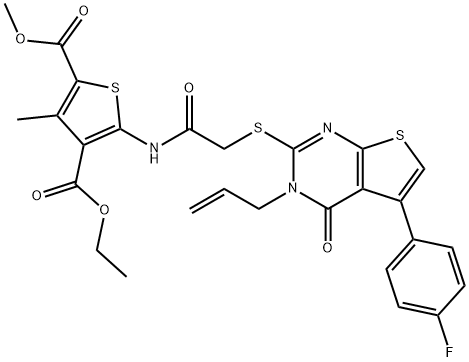 4-ethyl 2-methyl 5-[({[3-allyl-5-(4-fluorophenyl)-4-oxo-3,4-dihydrothieno[2,3-d]pyrimidin-2-yl]sulfanyl}acetyl)amino]-3-methyl-2,4-thiophenedicarboxylate Struktur