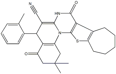 2,2-dimethyl-5-(2-methylphenyl)-4,8-dioxo-1,3,4,5,7,8,10,11,12,13-decahydro-2H,9H-cyclohepta[4',5']thieno[3',2':5,6]pyrimido[1,2-a]quinoline-6-carbonitrile Struktur