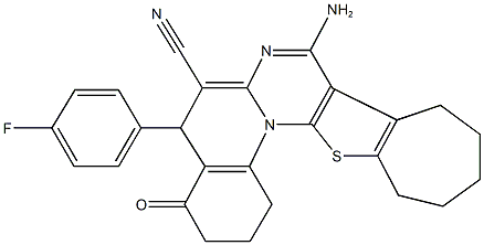 8-amino-5-(4-fluorophenyl)-4-oxo-1,3,4,5,10,11,12,13-octahydro-2H,9H-cyclohepta[4',5']thieno[3',2':5,6]pyrimido[1,2-a]quinoline-6-carbonitrile Struktur