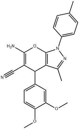 6-amino-4-(3,4-dimethoxyphenyl)-3-methyl-1-(4-methylphenyl)-1,4-dihydropyrano[2,3-c]pyrazole-5-carbonitrile Struktur