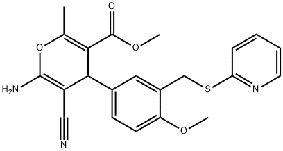 methyl 6-amino-5-cyano-4-{4-methoxy-3-[(2-pyridinylsulfanyl)methyl]phenyl}-2-methyl-4H-pyran-3-carboxylate Struktur