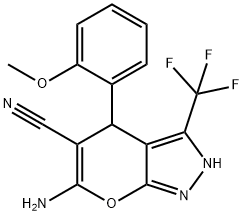 6-amino-4-(2-methoxyphenyl)-3-(trifluoromethyl)-1,4-dihydropyrano[2,3-c]pyrazole-5-carbonitrile Struktur