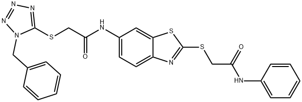 N-{2-[(2-anilino-2-oxoethyl)sulfanyl]-1,3-benzothiazol-6-yl}-2-[(1-benzyl-1H-tetraazol-5-yl)sulfanyl]acetamide Struktur