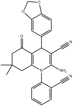 2-amino-4-(1,3-benzodioxol-5-yl)-1-(2-cyanophenyl)-7,7-dimethyl-5-oxo-1,4,5,6,7,8-hexahydro-3-quinolinecarbonitrile Struktur